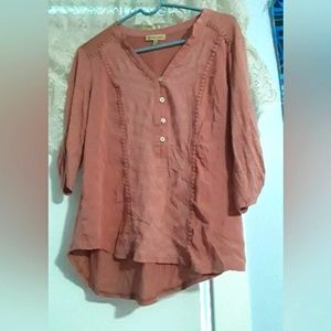 Democracy, 3/4 Sleeve Embroidered Front w/Half Button Down Blouse, Dusky Rose, M